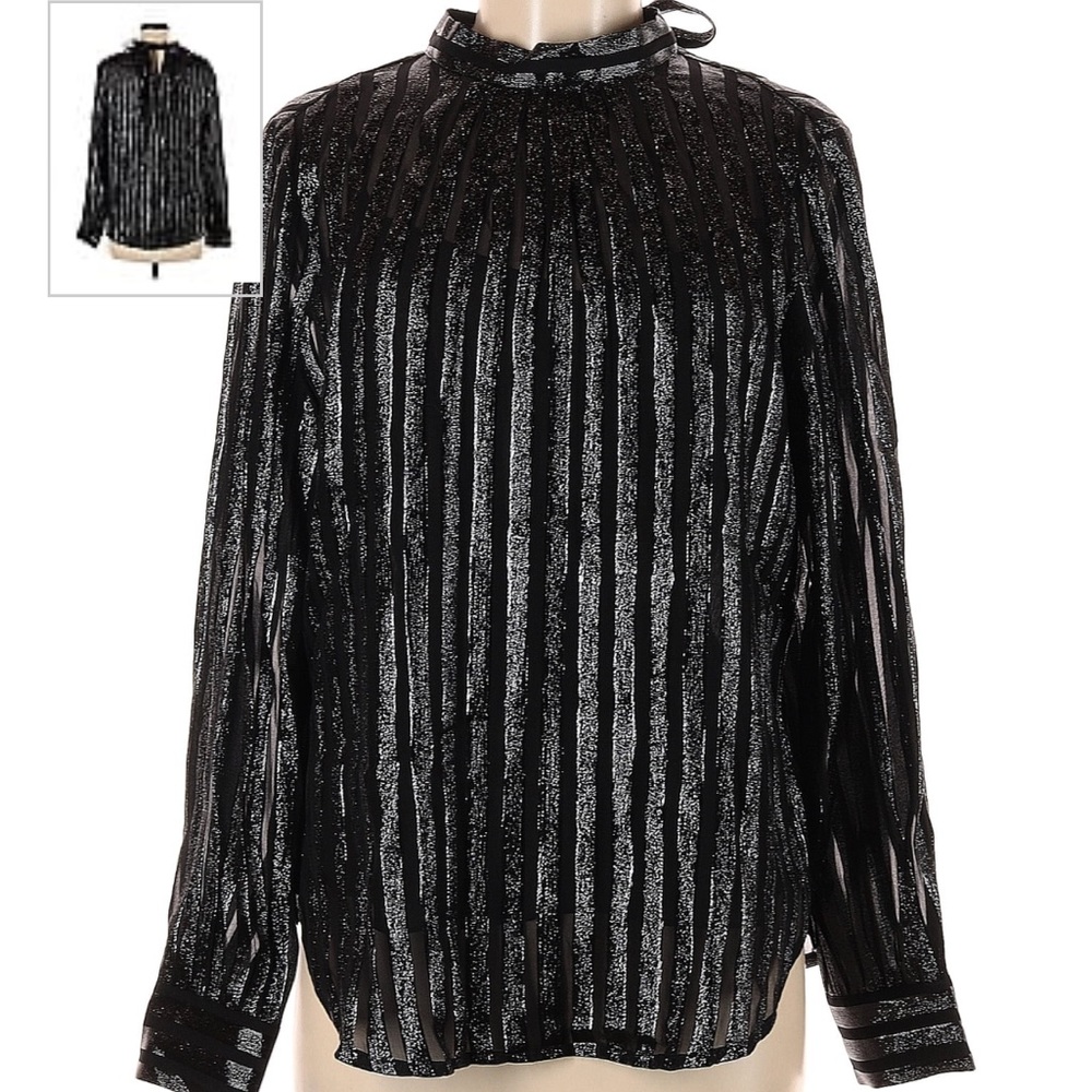 Jcrew Black Metallic Sheer Striped Chiffon Long Sleeve Top w/ Black Camisole